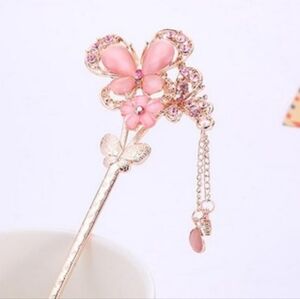 Vintage Chinese Rhinestone Butterfly Hair Sticks 